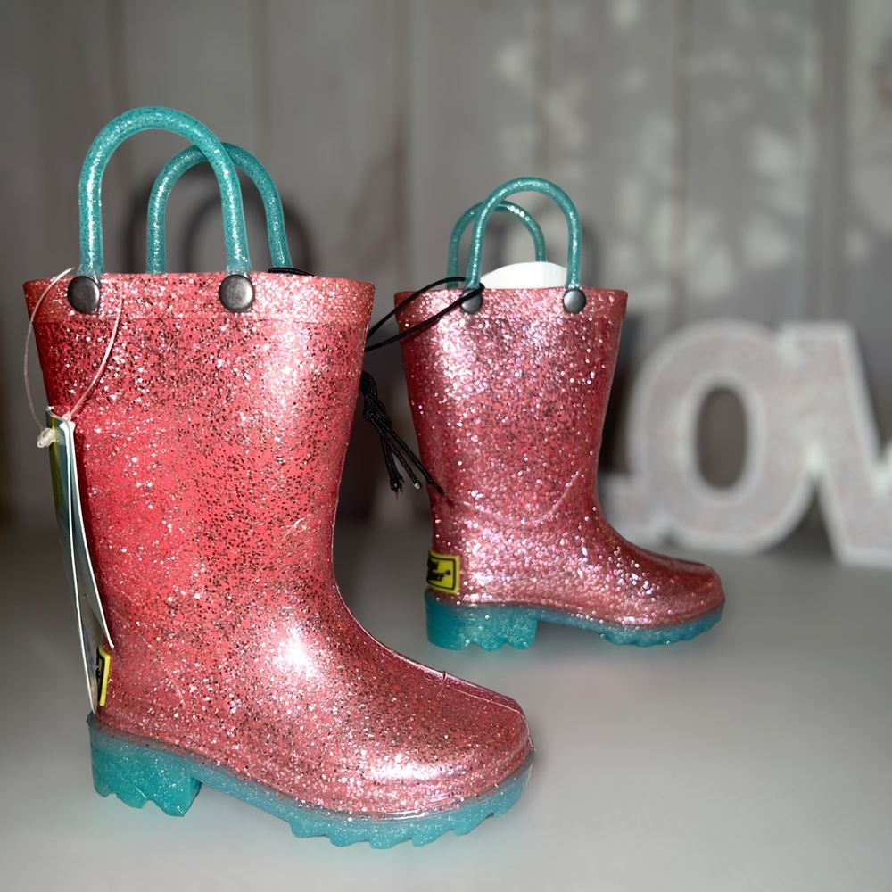 Western Chief Unisex-Child SHIMMER GLITTER  PINK Light-up Waterproof Rain Boot